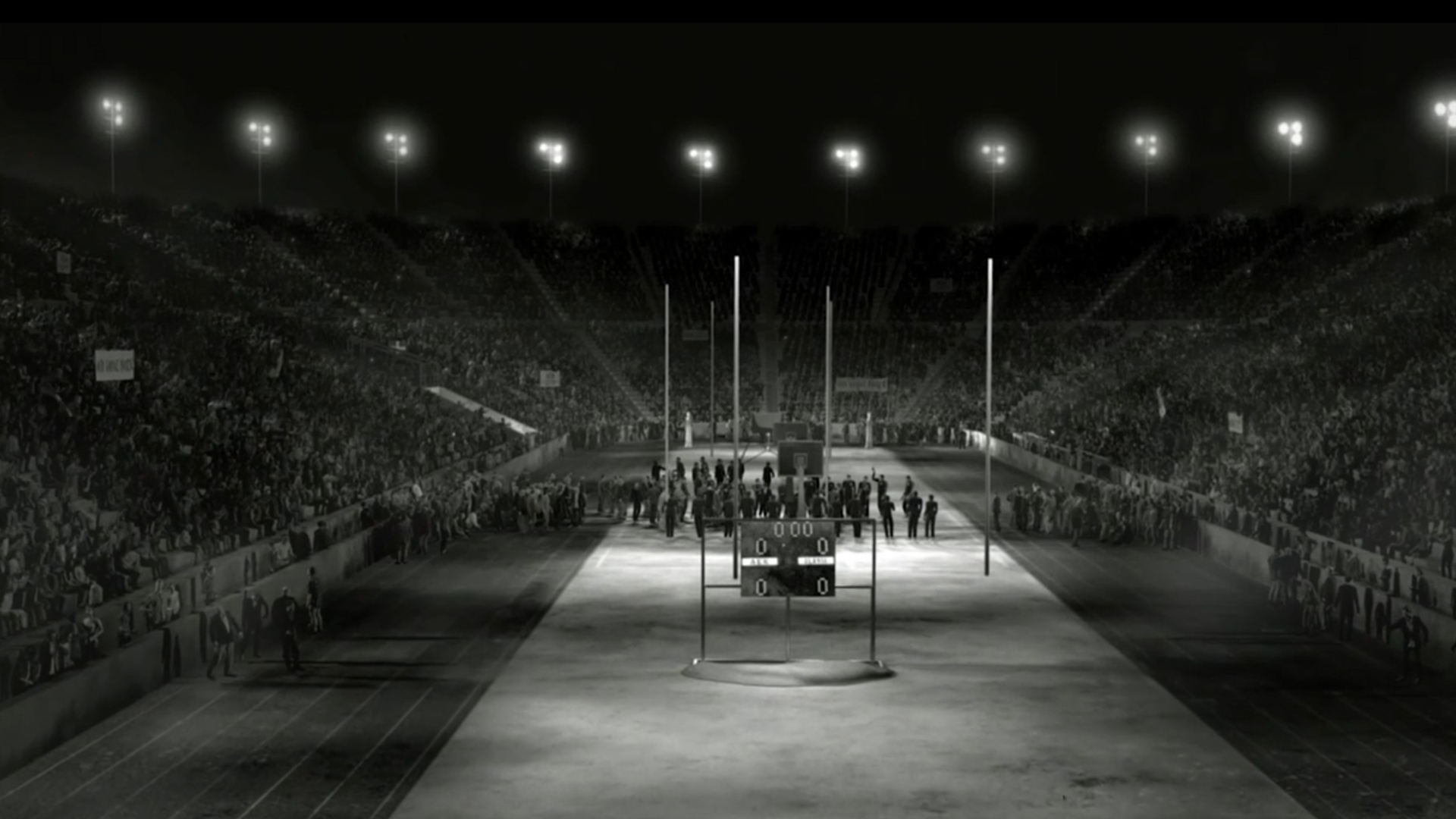 Kallimarmaro scene from the movie 1968 by Boulmetis, featuring 3D artist Deligiannis' work on meticulously crafted buildings, immersive environments, realistic lighting, detailed rendering, and dynamic crowd simulations, bringing the historic Stadium to life with stunning accuracy.