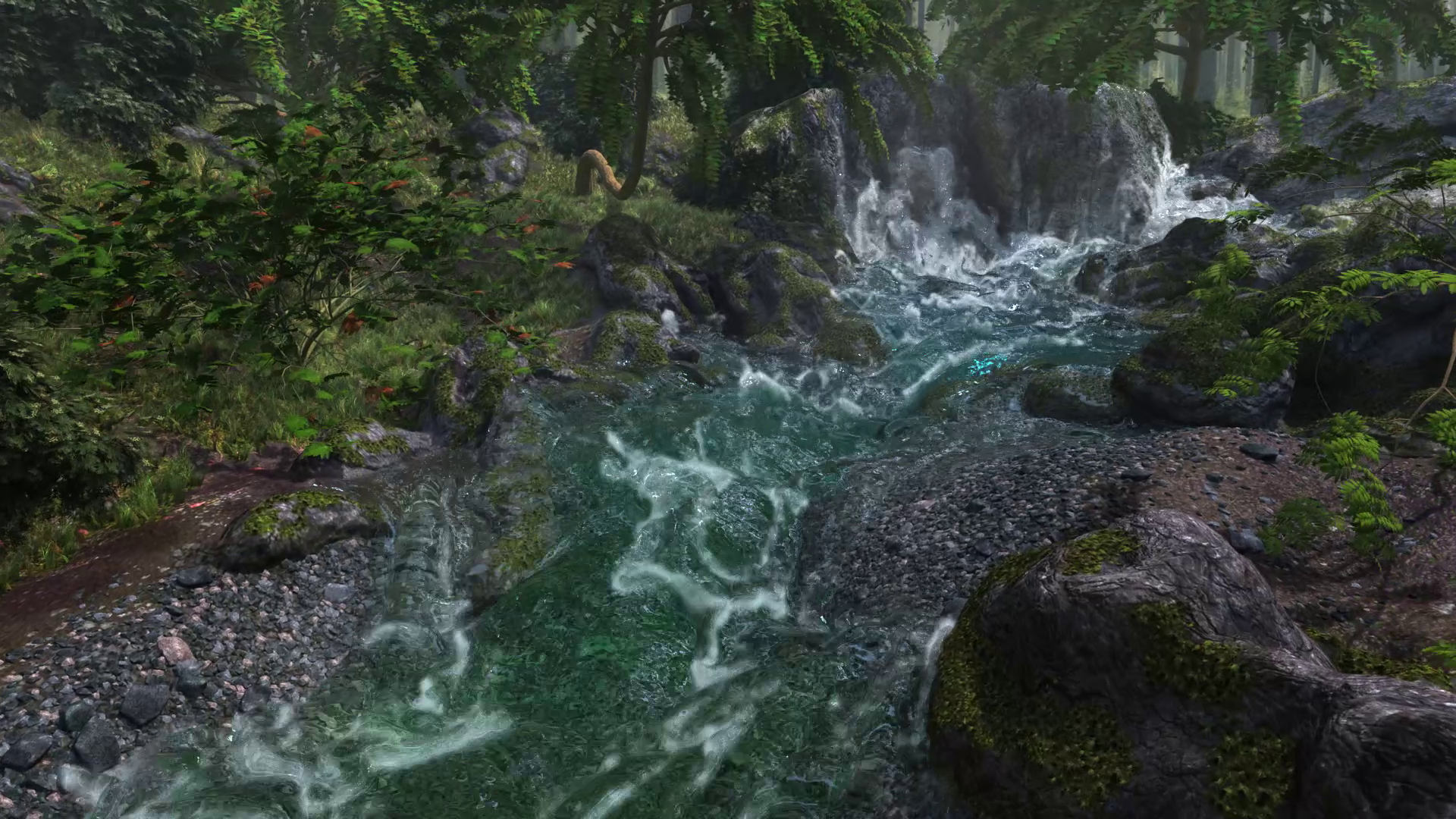 3D artwork of a serene river with a small cascading waterfall, showcasing detailed environment art and realistic fluid simulation created by a skilled 3D artist, capturing the natural beauty and dynamic flow of water.