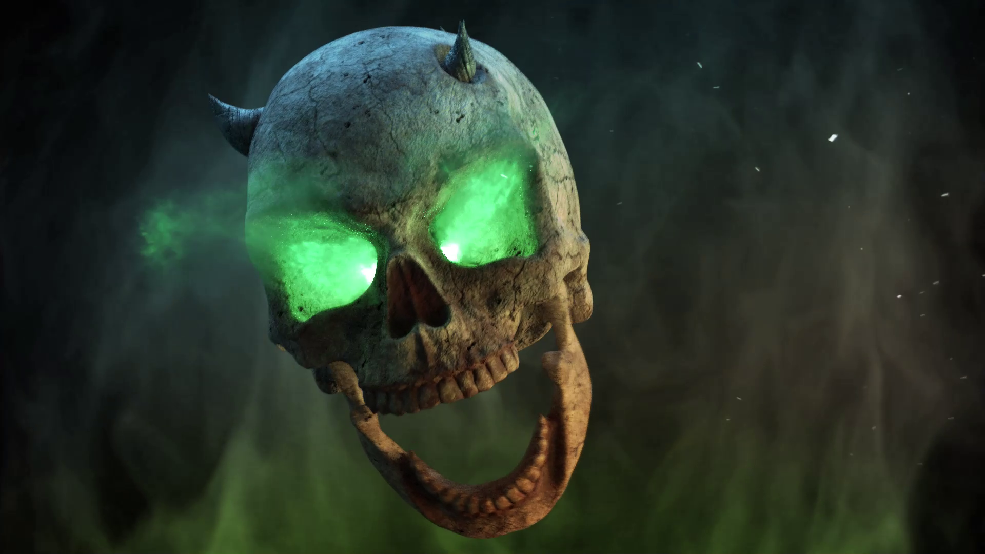 3D VFX sculpting of a skull with flaming eyes, showcasing intricate details, fiery effects, and a dramatic, high-energy design