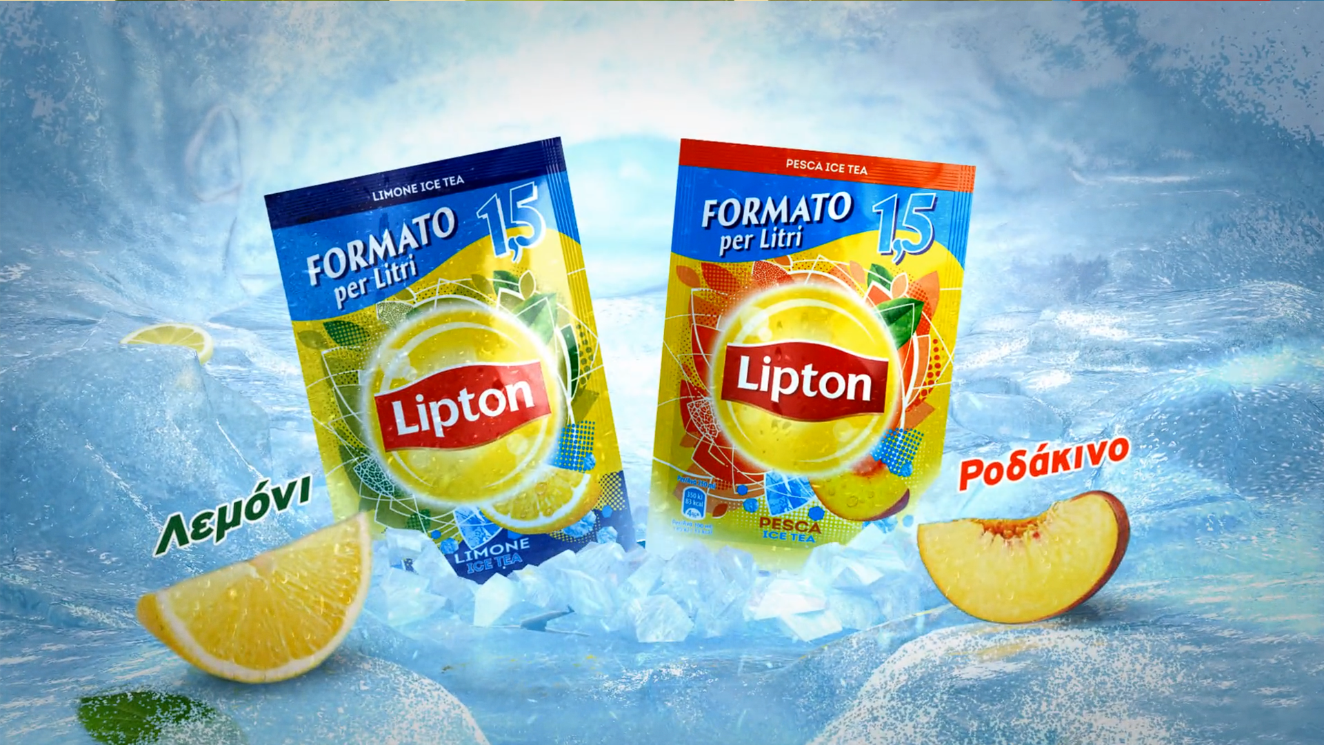 Advertisement for lipton ice tea featuring a glacier with lemon, peach and ice fragments