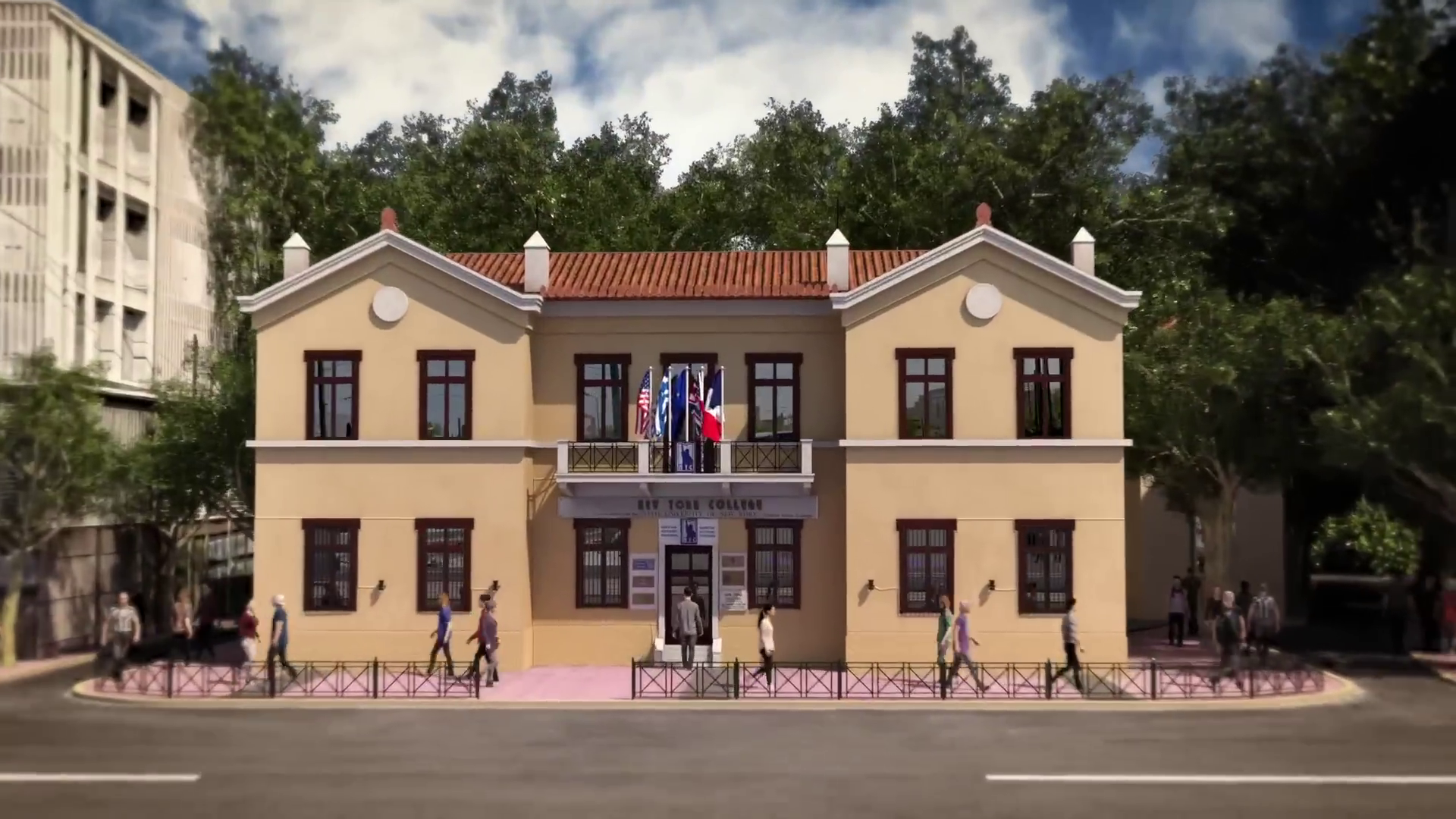 VFX-rendered college building filled with a diverse crowd of students, showcasing vibrant campus life and state-of-the-art facilities for higher education