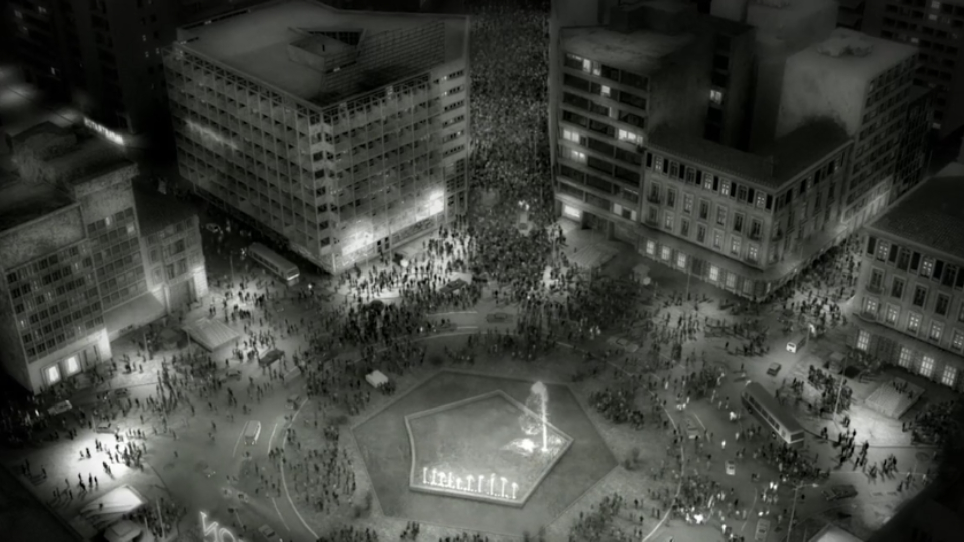 Omonoia scene from the movie 1968 by Boulmetis, showcasing 3D artist Deligiannis' work on building environments, realistic lighting, rendering, and dynamic crowd simulation, capturing the essence of 1960s Athens with stunning detail and artistry.