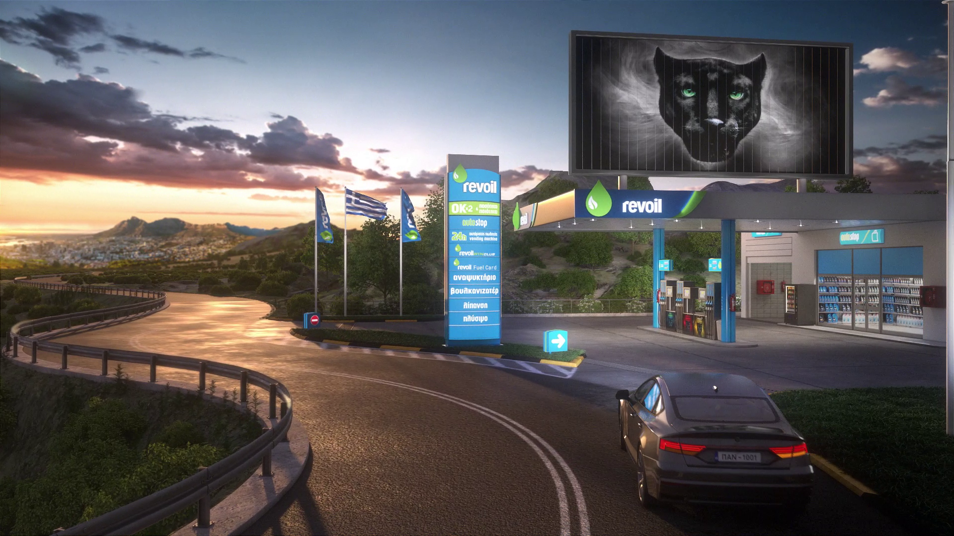 VFX-rendered road at magic hour with a car entering a modern gas station, highlighting premium fuel services and a serene, golden-hour ambiance.