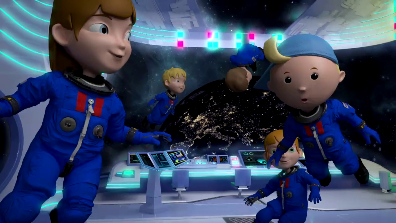 Junior brand yogurt with cartoon kids in 3d graphics on space station with blue lights