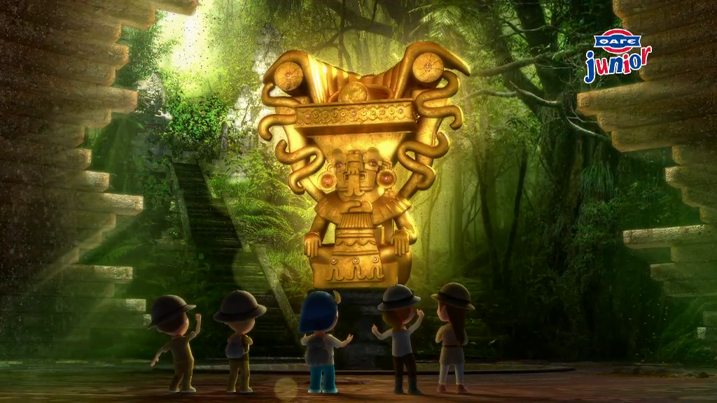 Junior brand yogurt featuring kids doing adventure for treasure in mayas and incas jungle environment