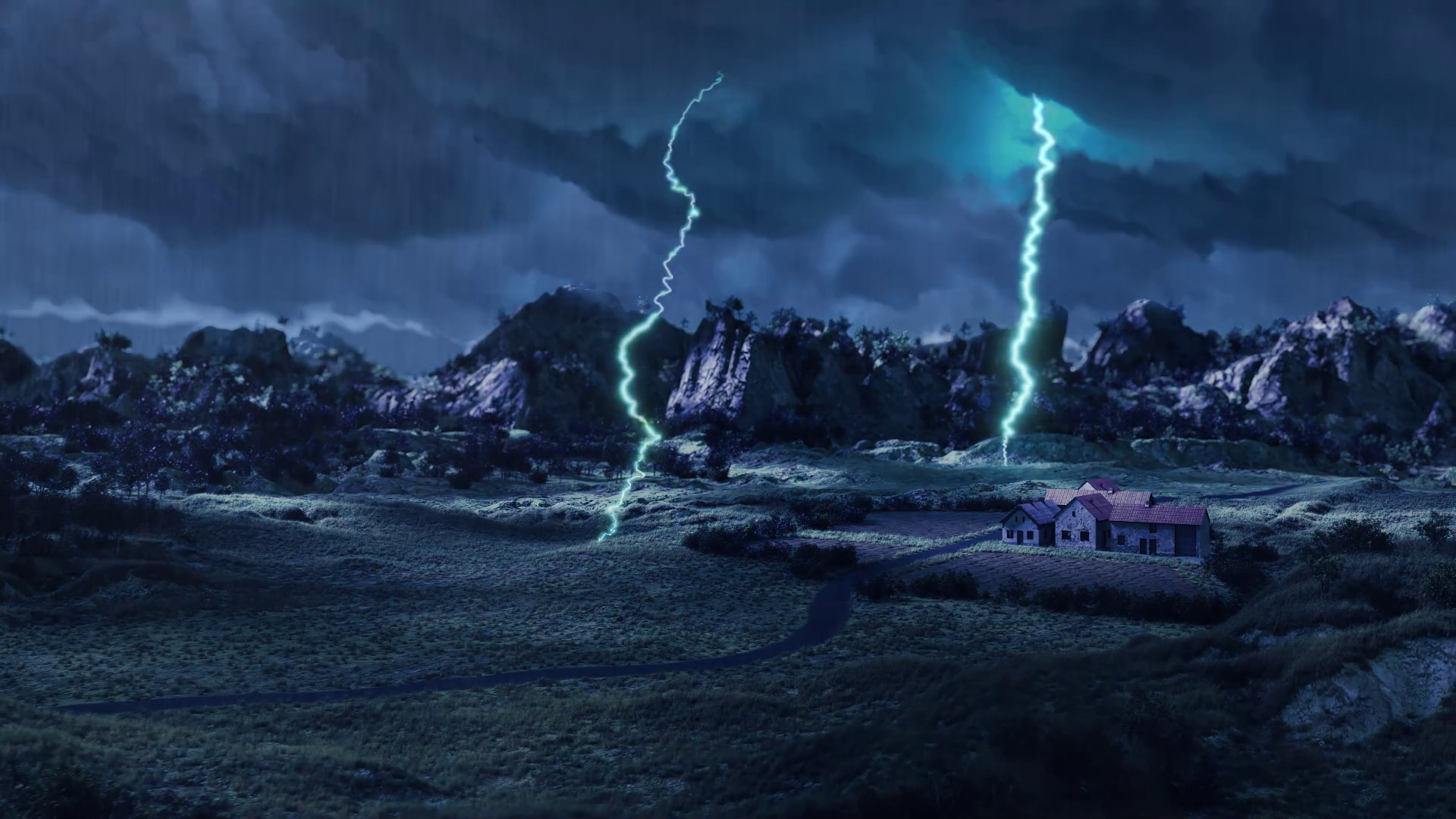 3D VFX animation of a dramatic thunderstorm over sprawling farmlands, showcasing dynamic weather effects with lightning strikes and dark, stormy skies.