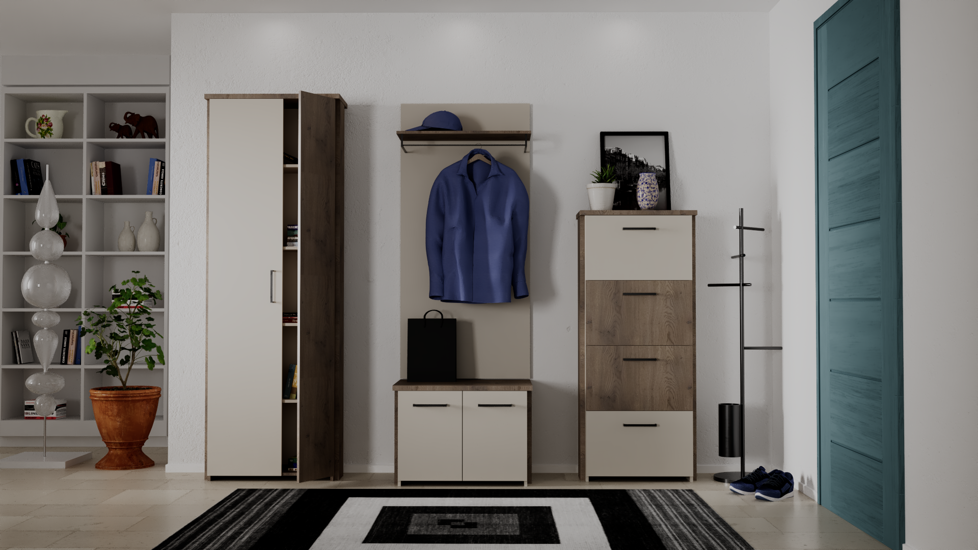 Photorealistic 3D render of a modern living room with a minimalist wooden closet and gray carpet.